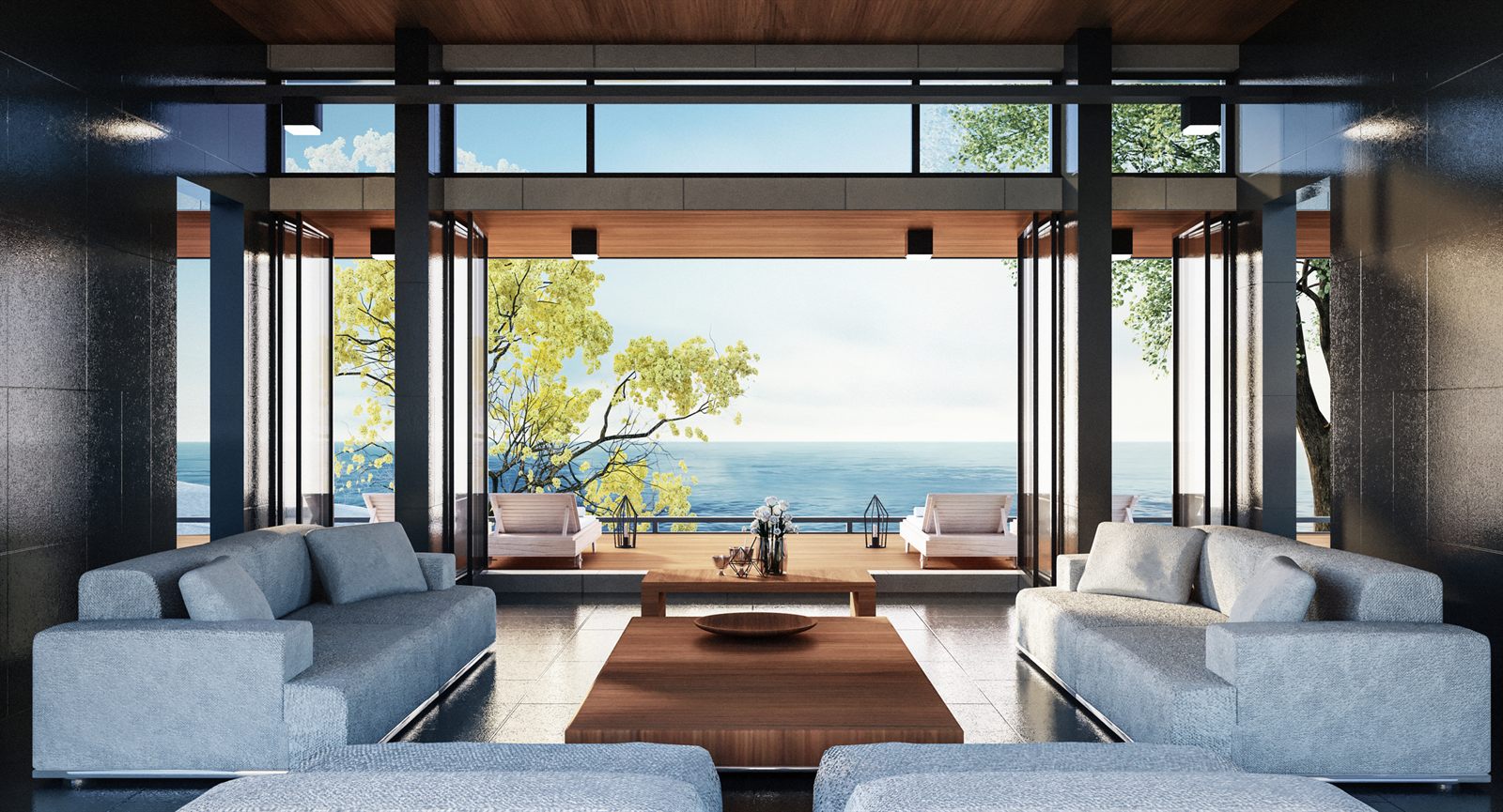 Spacious lounge with pale sofas opening onto a sea view